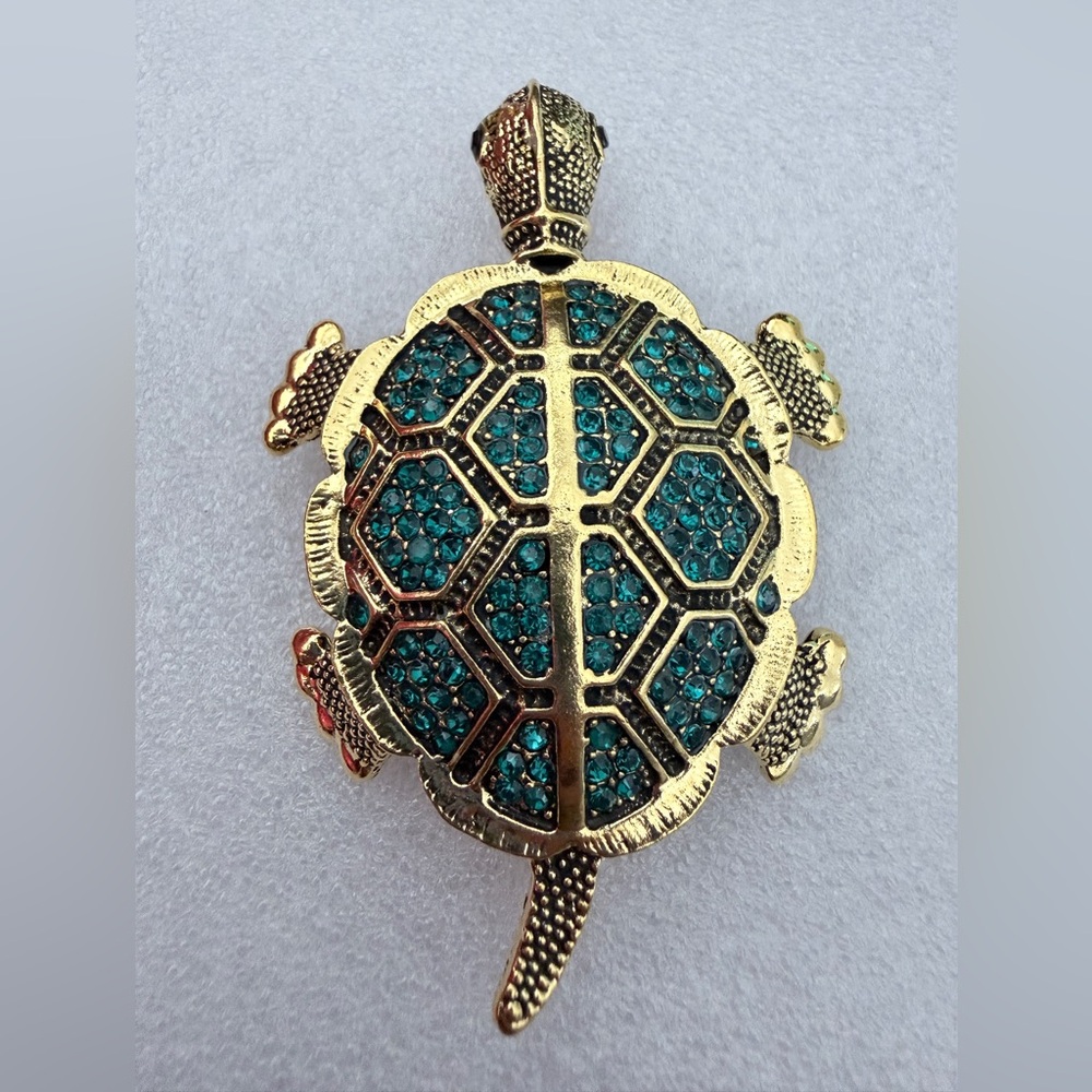 Gold Turtle Pendant Necklace with Teal Crystal Shell - Women Jewelry